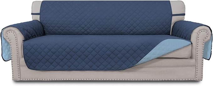 Easy-Going Reversible Couch Cover for 3 Cushion Couch Sofa Cover for Dogs Water Resistant Furniture Protector Cover with Foam Sticks Elastic Straps for Pet Cat (Sofa, Dark Blue/Light Blue)