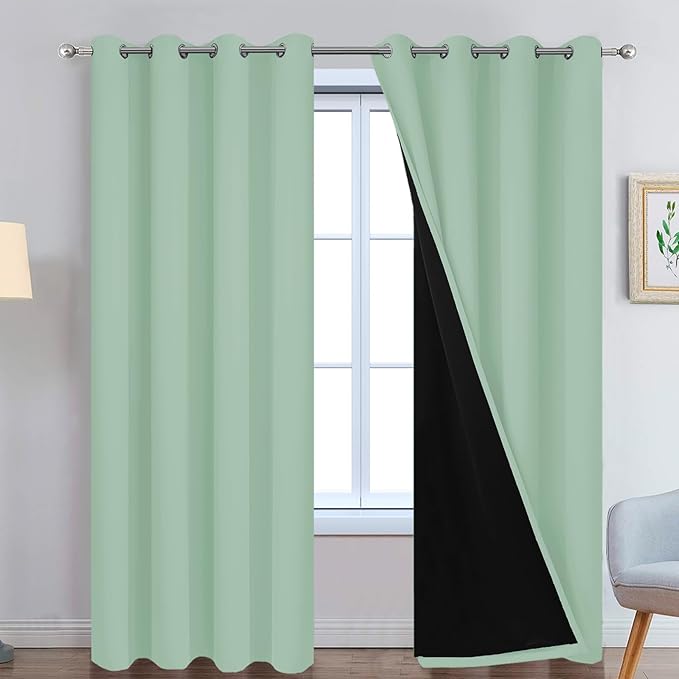 Yakamok Sage 100% Blackout Curtains, Total Blackout Lined Curtain Panels for Bedroom, 2 Thick Layers Grommet Top Thermal Insulated Blackout Drapes for Living Room(52Wx96L, Light Sage, 2 Panels)
