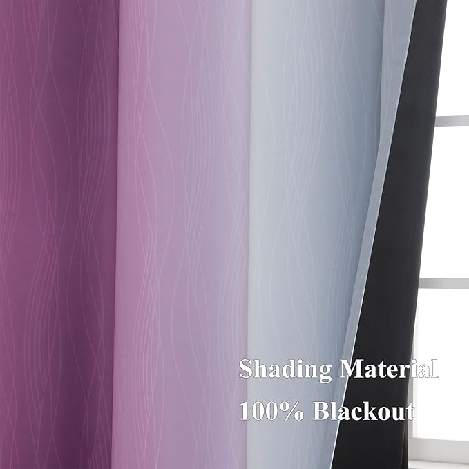 Estelar Textiler Ombre Grey and Purple Blackout Curtains 72 Inch Length 2 Panels, Full Room Darkening Curtains for Living Room, Grommet Thermal Insulated Gradient Drapes for Bedroom, 52x72 Inch