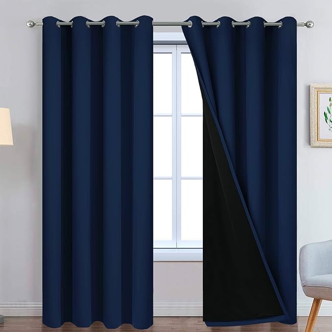 Yakamok Navy Blue 100% Blackout Curtains Energy Saving Thermal Insulated 2 Thick Layers Completely Blackout Drapes with Black Liner for Bedroom (52Wx84L, Navy Blue, 2 Panels)
