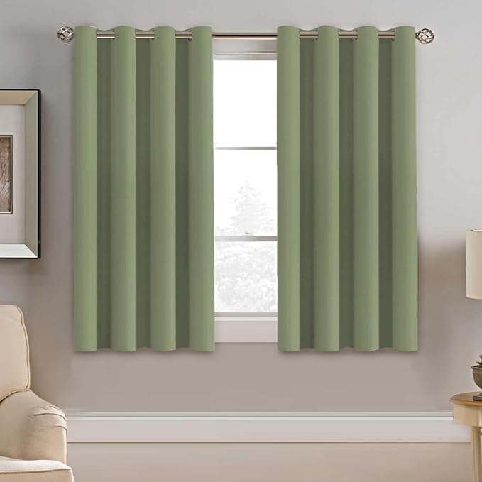 H.VERSAILTEX Blackout Curtain for Living Room Small Window Kitchen Blackout Curtains 45 inch Length Energy Saving Solid Grommet Blackout Drape, One Panel, Sage, 52" W x 45" L