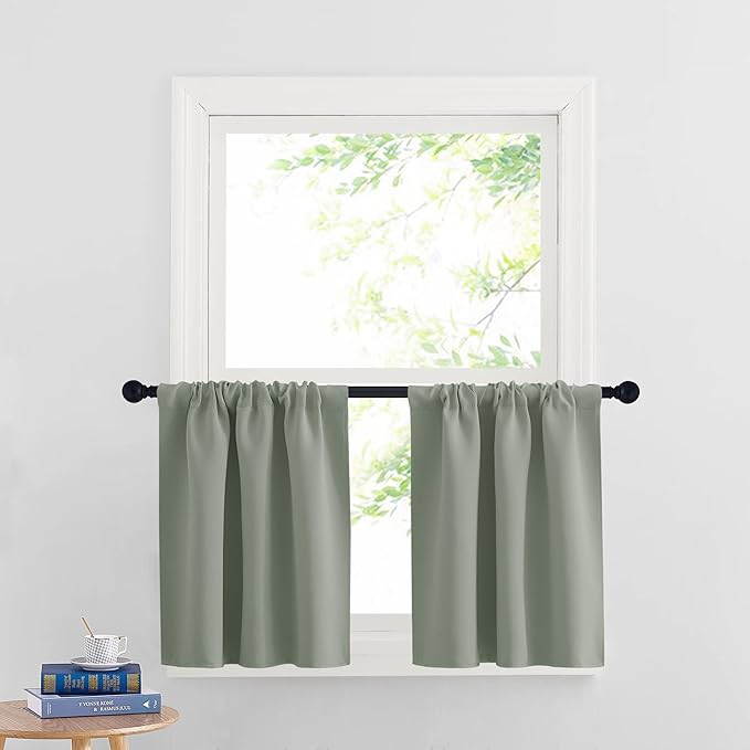 RYB HOME Cafe Blackout Curtains 24 inch Length, RV Curtains for Camper Windows, Mini Short Small Insulating Light UV Blocking Privacy Half Window Tiers, Width 29 by Length 24, Greyish Green, 2 Panels