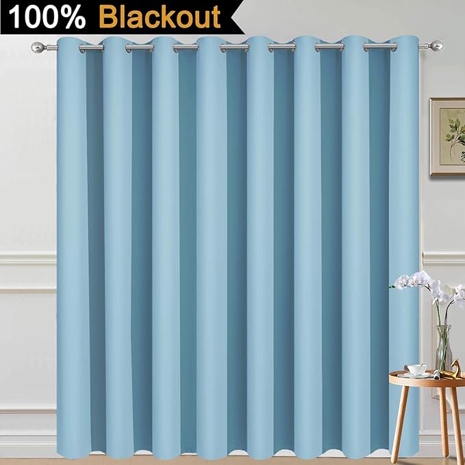 Yakamok Extra Wide Blackout Full Shading Curtains for Patio Door, Thermal Backing Sliding Glass Door Drape, Privacy Assured Window Treatment, Room Divider Curtains,Sky Blue W100 x L96, 1 Panel