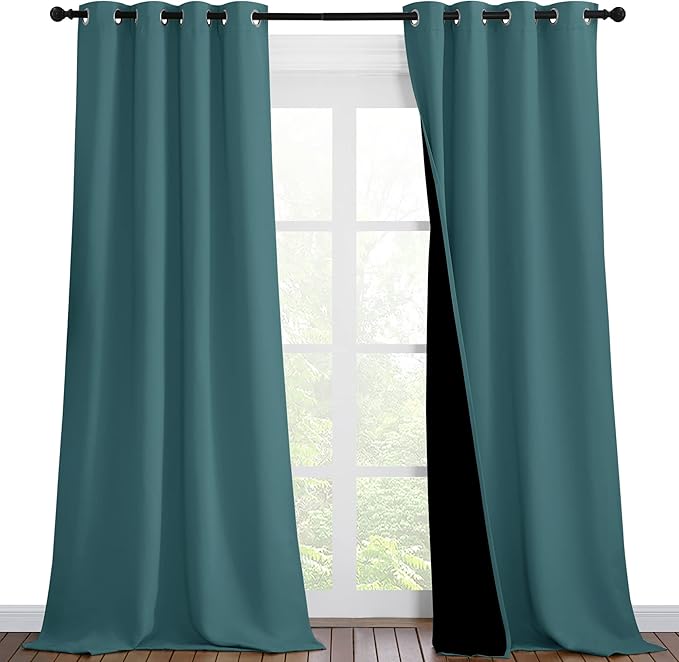 NICETOWN 100% Blackout Blinds, Laundry Room Decor Window Treatment Curtains, Thermal Insulated Energy Smart Drapes and Draperies for Villa, Hall and Studio, Sea Teal, Set of 2, 46 inches x 90 inches