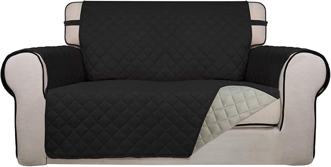 PureFit Reversible Quilted Sofa Cover, Water Resistant Slipcover Furniture Protector, Washable Couch Cover with Non Slip and Elastic Straps for Kids, Dogs, Pets (Loveseat, Black/Beige)