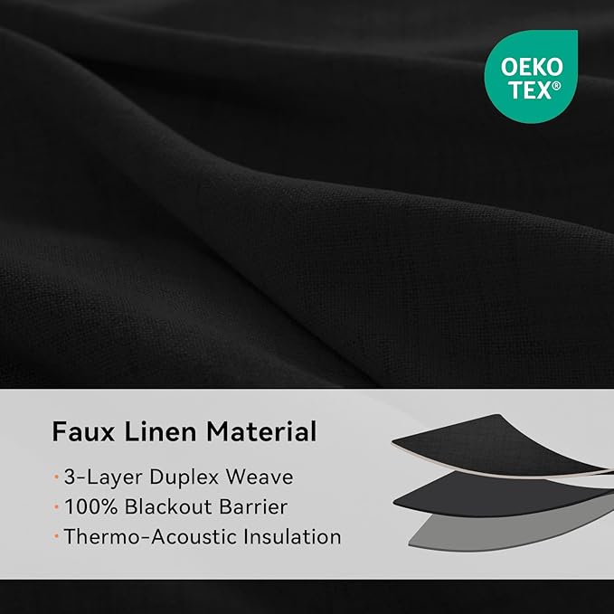 100% Blackout Shield Linen Blackout Curtains for Bedroom, Black Grommet Curtains for Living Room, Thermal Insulated Room Darkening Drapes for Nursery, Boho Home Decor, 50" W x 108" L, 2 Panels