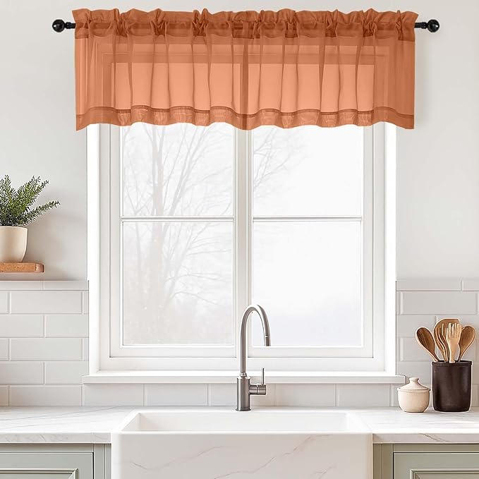 Orange Valances for Windows 14 inch Length 2 Panels Set, Small Voile Sheer Curtains for Bathroom, Soft Fabric Lightweight Light Filtering Kitchen Curtains, Dual Rod Pocket, 2x42Wx14L Inches