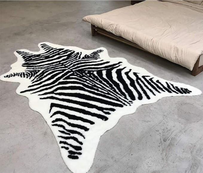 Zebra Print Rug Faux Animal Cowhide Skin Area Rug Leather Carpet Mat Large Size for Home Office Livingroom 5.2'x3.9'