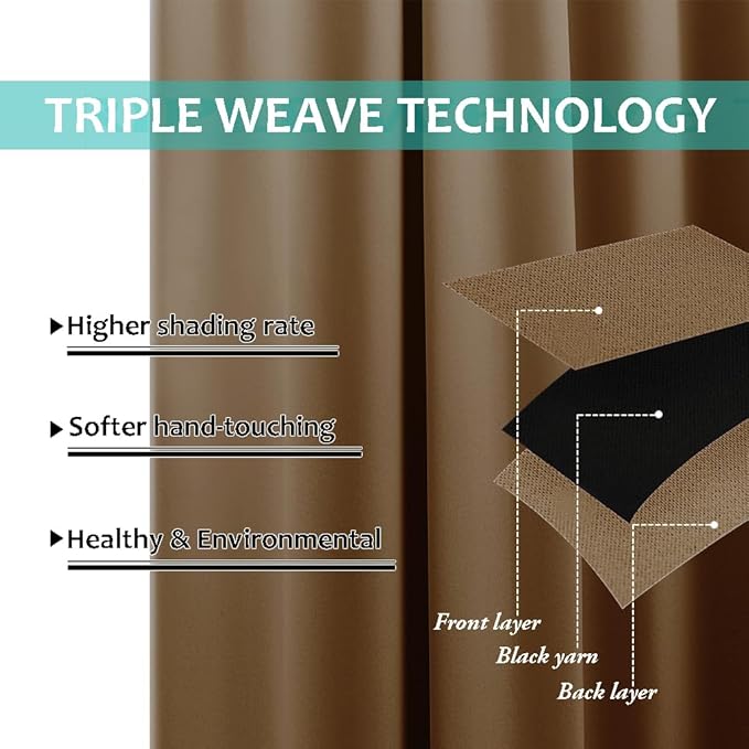 NICETOWN 100% Blackout Short Curtains with Black Liners, 2 Panels, 37" W by 40" L, Gold Brown, Solid Thermal Insulated Full Blackout 2-Layer Lined Drapes, Energy Efficiency Window Drapes for Bedroom