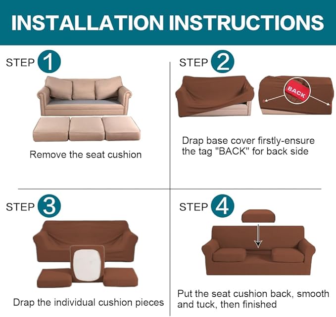 Turquoize 4 Piece Sofa Covers for 3 Cushion Couch Sofa Slipcover Soft Couch Cover for Dogs-Washable Sofa Furniture Covers with 3 Individual Large Cushion Covers (XL Sofa, Caramel)