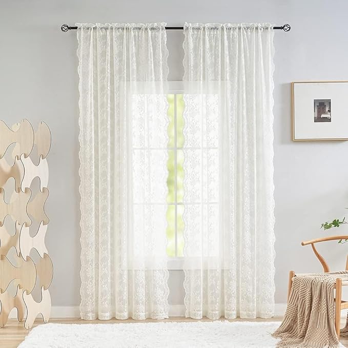 YJ YANJUN Vintage Lace Curtains Cottage Floral Cream Sheer 94 inch Curtains 2 Panels Set for Living Room Bedroom Light Filtering Floor to Ceiling Drapes Country Farmhouse Decor 52" W x 94" Ivory