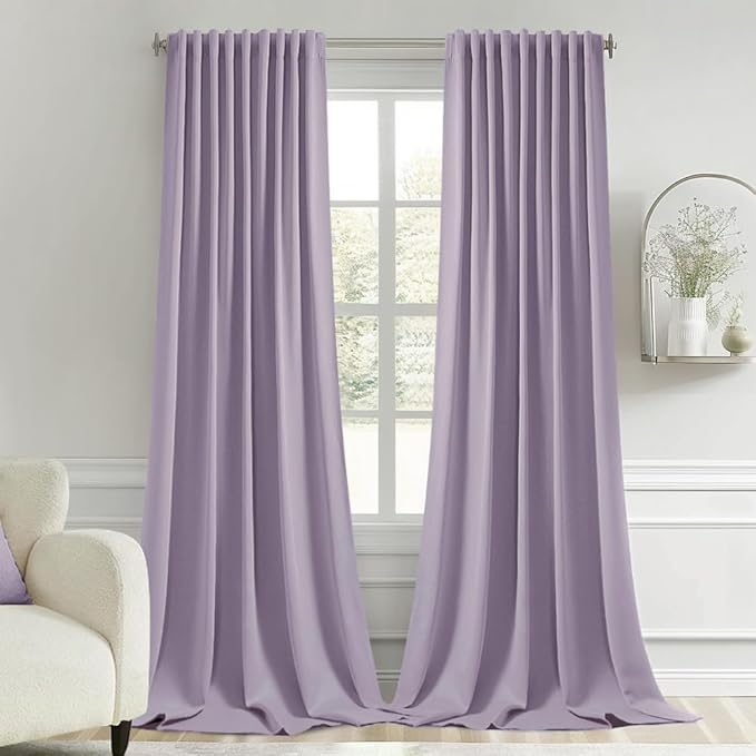 MIULEE Lilac Back Tab Blackout Curtains 108 Inch Long 2 Panels Set for Bedroom, Rod Pocket/Pinch Pleat Extra Long Thermal Insulated Living Room Darkening Pleated Light Blocking Drapes