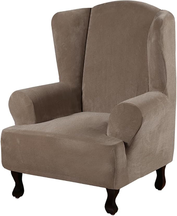H.VERSAILTEX Wingback Chair Covers Velvet Plush Wing Chair Slipcover 1 Piece High Stretch Wing Back Chair Slipcovers Sofa Cover Furniture Cover with Elastic Bottom, Mocha