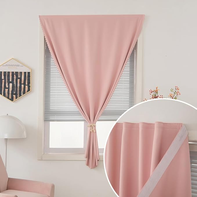 Self Adhesive Blackout Curtains- Stick on Curtains Shades Window Blinds Curtains No Rod Needed Easy to Hang Curtain, Use for Bedroom, Living Room,Roman Shades, 35" W X 59" L, Pink, 1 Panel