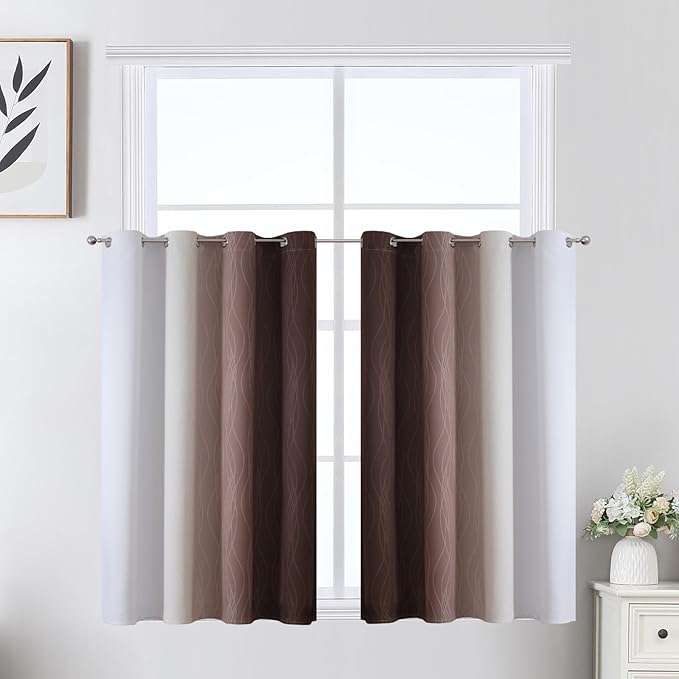 Estelar Textiler Brown and Greyish White Ombre Short Blackout Cafe Curtains 36 Inch Length, Thermal Insulated Grommet Small Half Window Drapes for Kitchen/Basement/RV Camper, 52Wx36L, 2 Panels