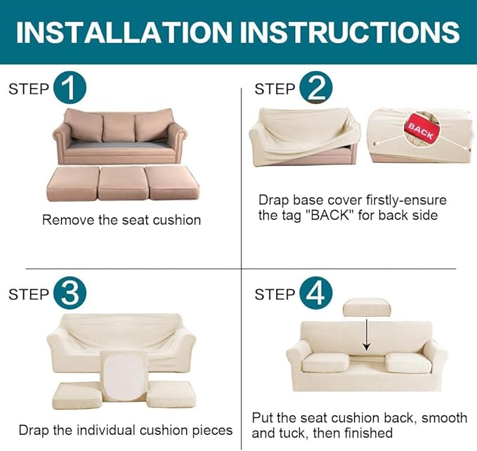 Turquoize 4 Piece Couch Cover Sofa Covers for 3 Cushion Couch Sofa Slipcovers Washable Sofa Cover for Dogs with Individual Couch Cushion Covers Feature Jacquard Fabric(3 Cushion Sofa, Biscotti Beige)