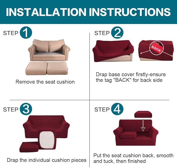 Turquoize 3 Piece Sofa Covers for 2 Cushion Couch Sofa Slipcover Soft Couch Cover for Dogs-Washable Sofa Furniture Covers with 2 Individual Cushion Covers (2 Cushion Sofa, Burgundy)