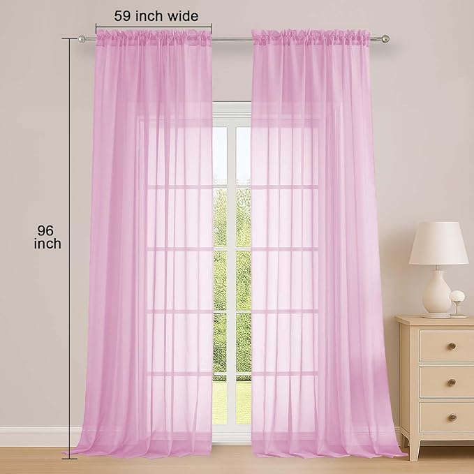OWENIE Extra Long Pink Sheer Curtains 96 Inches Long 2 Panels Set, Soft Lightweight Airy Voile Sheer Curtain for Bedroom Living Room, Rod Pocket Solid Color Farmhouse Curtains, 59" Wx96 L Inch