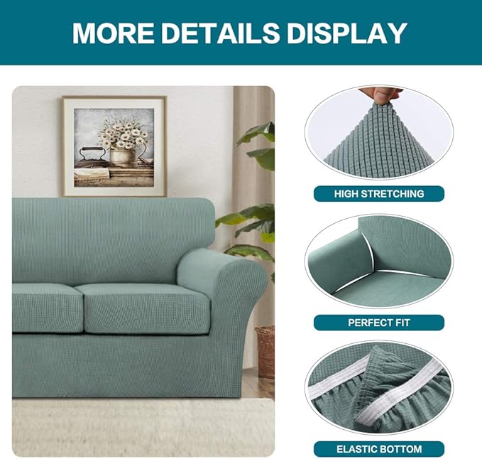 Turquoize 3 Piece Sofa Covers for 2 Cushion Couch Sofa Slipcover Soft Couch Cover for Dogs-Washable Sofa Furniture Covers with 2 Individual Cushion Covers, Jacquard Fabric (Loveseat, Dark Cyan)