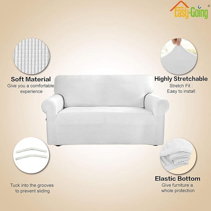 Easy-Going Stretch Loveseat Slipcover 1-Piece Sofa Cover Furniture Protector Couch Soft with Elastic Bottom for Kids Polyester Spandex Jacquard Fabric Small Checks (Loveseat, Snow White)