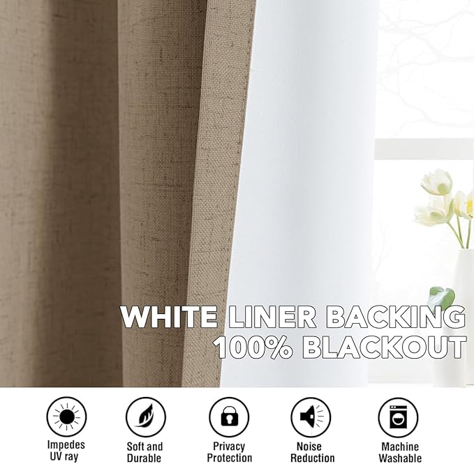 H.VERSAILTEX Linen Curtains 100% Blackout Curtains for Bedroom 102 inch Long Full Light Blocking Nature Linen Blended Window Curtains for Living Room Nickel Grommet (2 Panels, Heathered Macchiato)