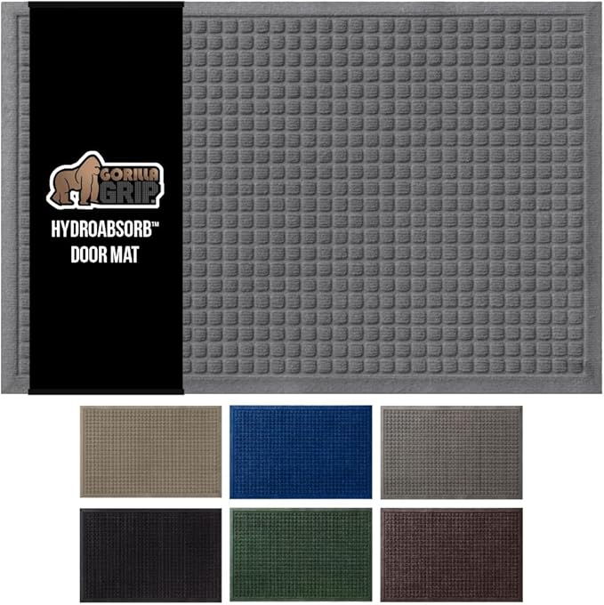 GORILLA GRIP® Ultra Absorbent Front Door Mat Outside Entrance, 35x23, Traps Dirt and Moisture, HydroABSORB Indoor Outdoor Doormat Holds Up to 5.7 Cups Water, Stain and Fade Resistant Welcome Mat, Grey