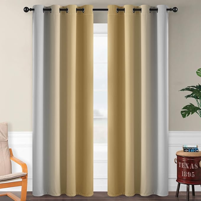 SimpleHome Ombre Room Darkening Curtains for Bedroom, Gradient Beige to Grey White Light Blocking Thermal Insulated Grommet Window Curtain/Drapes for Living Room,2 Panels, 52x84 inches Length