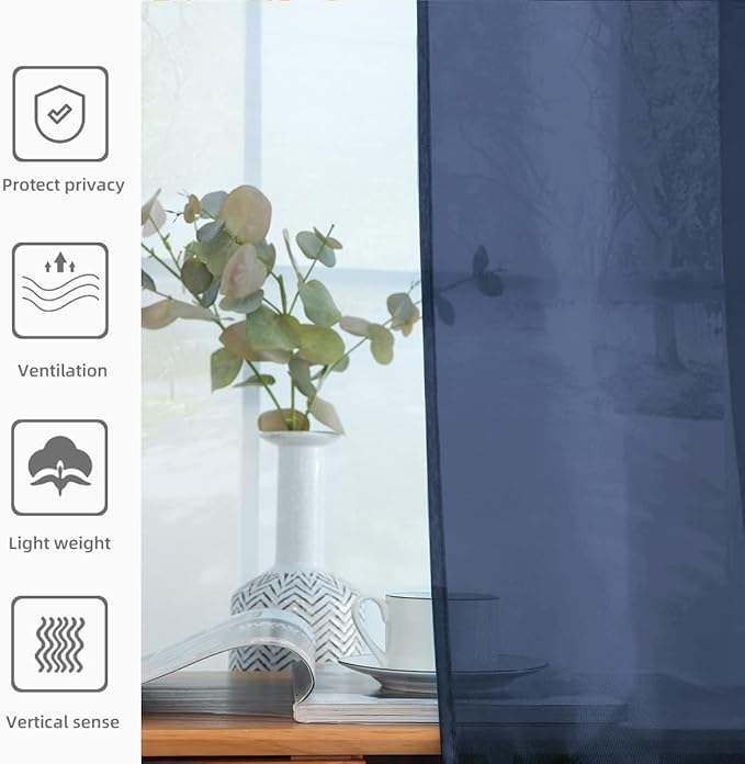 SpaceDresser Sheer Voile Window Treatment Rod Pocket Curtain Panels for Kitchen Bedroom Living Room Drapes Sunlight Filtering Privacy Semi Home Decor Assorted Colors Sizes (Navy, 52 W x 54 L)