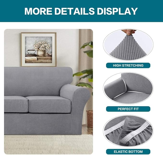 Turquoize 4 Piece Sofa Covers for 3 Cushion Couch Sofa Slipcover Soft Couch Cover for Dogs Washable Furniture Cover with 3 Individual Large Cushion Covers Feature Fabric (Large Sofa, Dove)