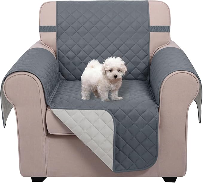 U-NICE HOME Reversible Oversized Chair Covers Quilted Water Repellent Pet Protectors with Elastic Straps(28''Armchair, Dark Blue/Light Grey)