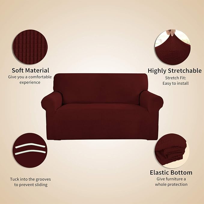 Easy-Going Stretch 4 Seater Sofa Slipcover 1-Piece Sofa Cover Furniture Protector Couch Soft with Elastic Bottom for Kids, Polyester Spandex Jacquard Fabric Small Checks Wine