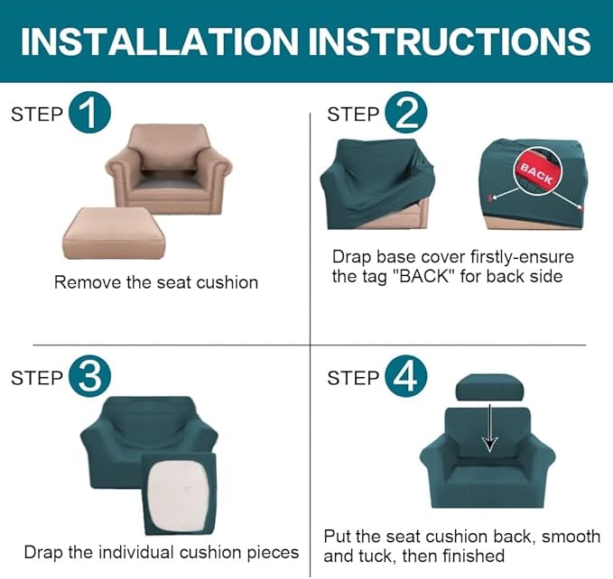 Turquoize 2 Piece Chair Covers Chair Slipcovers for Living Room Armchair Couch Cover Chair Sofa Cover with Individual Cushion Covers Furniture Cover for Chairs Feature Thick Fabric (Chair, Deep Teal)