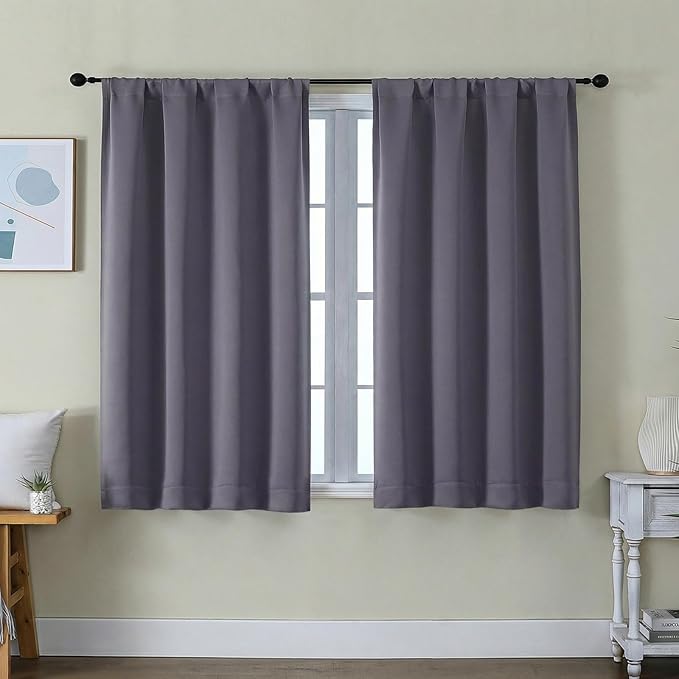 Simplebrand Ava Greyish Purple Short Blackout Curtains for Bedroom 45 Inches Long 2 Panels Set, Solid Thermal Insulated, Energy Saving Window Treatment Curtains Blackout Drapes, W40 x L45 Inch