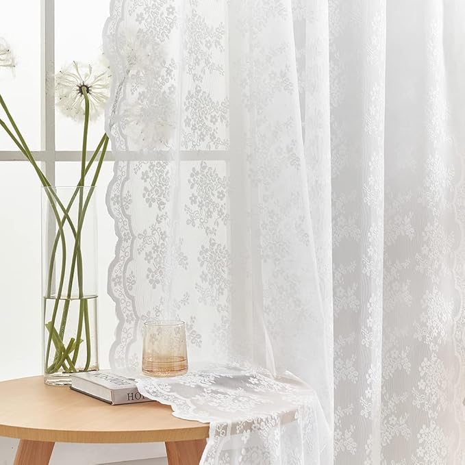 YJ YANJUN Vintage Lace Curtains White Sheer Curtains 96 inches Long 2 Panels Old Fashion Floral Victorian Voile Panels for Living Room Bedroom Rod Pocket Light Filtering 52Wx 96L