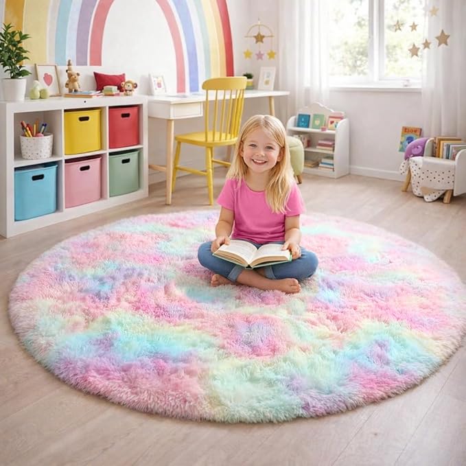 Amdrebio Rainbow Fluffy Round Rug 5Ft Kids Rugs for Girls Bedroom, Unicorn Room Decor, Colorful Pastel Shag Carpet for Playroom Baby Nursery, Cute Furry Kawaii Circle Area Rug for Toddler Princess