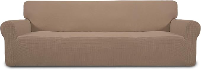 Easy-Going Stretch 4 Seater Sofa Slipcover 1-Piece Sofa Cover Furniture Protector Couch Soft with Elastic Bottom for Kids, Polyester Spandex Jacquard Fabric Small Checks Camel