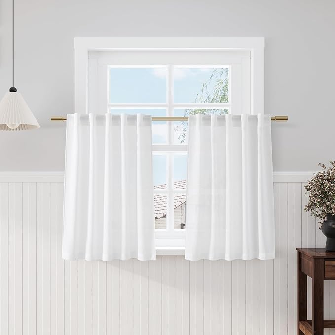 Short White Curtains 40 Inch Length for Small Window - Linen Semi Sheer Curtain with Back Tab and Rod Pocket Light Filtering Front Door Drapes for Cafe Bedroom Kitchen, 2 Panels Set 29 X 40 Inch
