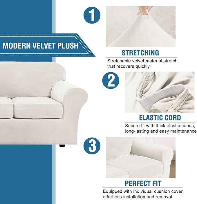 H.VERSAILTEX Modern Velvet Plush 4 Piece High Stretch Sofa Slipcover Furniture Protector Form Fit Velvet Extra Large Sofa Cover for 3 Cushion Couch Width Up to 105 Inch (XL Sofa, Porcelain White)