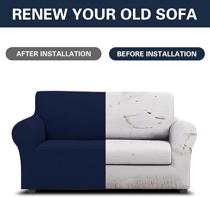 Cupuamon 2026 New Stretch Loveseat Sofa Slipcovers Couch Cover for 2 Cushion Furniture Protector Sofa Covers with Elastic Bottom Jacquard Fabric Small Checks for Pets, Kids - Navy