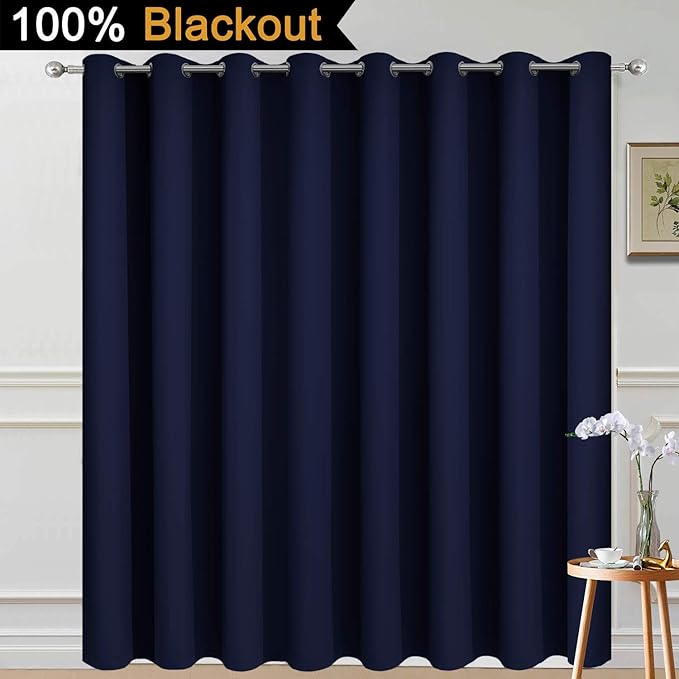 Yakamok 100% Blackout Sliding Door Curtains, Thermal Insulated Grommet Full Light Shading Sliding Door Drape Room Divider Curtain for Living Room/Space, Navy Blue, W100 x L84, 1 Panel