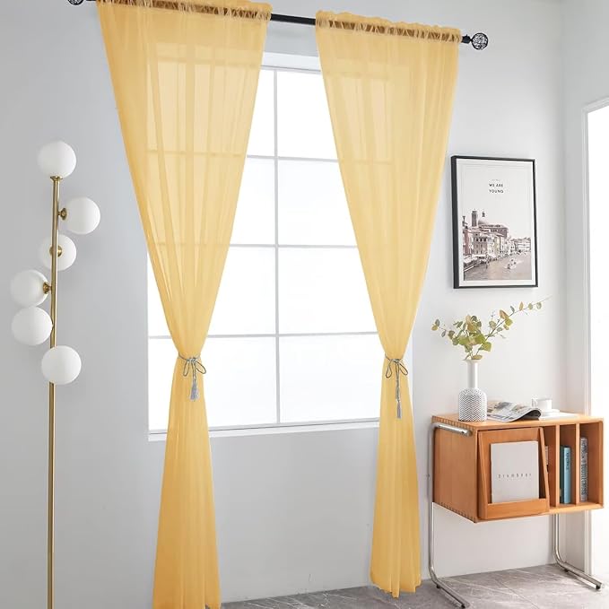 SpaceDresser Basic Rod Pocket Sheer Voile Window Curtain Panels Gold 1 Pair 2 Panels 52 Width 54 Inch Long for Kitchen Bedroom Children Living Room Yard（Gold, 52W x 54L）