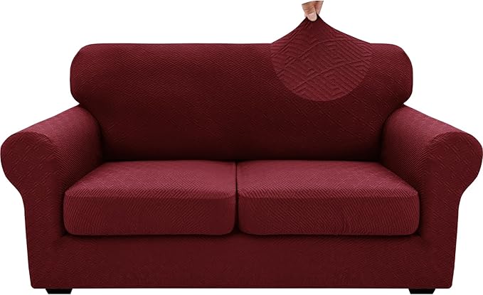 XINEAGE 2026 New 3 Pieces Couch Covers for 2 Cushion Sofa Super Stretch Loveseat Slipcover Pet Dog Universal Slip Cover Anti Slip Love Seat Furniture Protector (Wine Red, 55"-69")
