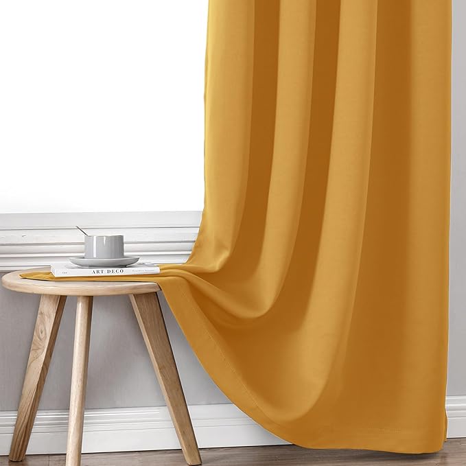 ChrisDowa 100% Blackout Curtains 102 inch Long for Bedroom with Black Liner, 2 Thick Layers Total Blackout Thermal Insulated Grommet Window Curtains 2 Panels Set (Mustard Yellow, 52 x 102 Inch)