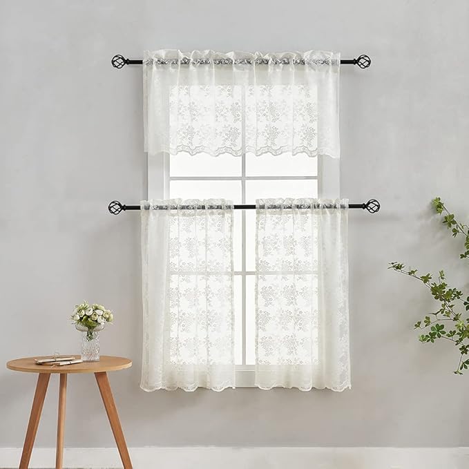 YJ YANJUN Vintage Lace Curtains 36 Inch Length-Victorian Floral Pattern Ivory Country Cafe Sheer Curtains for Kitchen & Bathroom, Short Light Filtering Drapes, 2 Panels 26W x 36L Cream