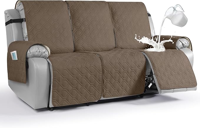 VANSOFY Waterproof Recliner Couch Covers, Sofa Covers 1-Piece Washable Reclining Sofa Cover Non-Slip Furniture Protector with Elastic Straps Pocket for Dogs, Pets(Brown,3 Seater)