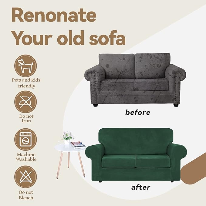 WEERRW Velvet Couch Covers for 2 Cushion Couch Sofa - High Stretch Velvet Plush 3 Pieces Sofa Slipcovers with Elastic Bottom, Furniture Protector for Pets, Machine Washable, Emerald Green, Medium