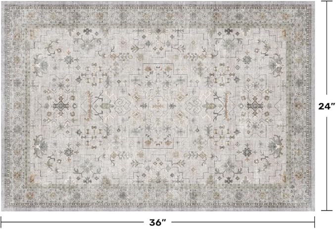 Washable 2x3 Throw Rugs for Entryway, Front Door Mat, Low Pile Non-Slip Small Area Rugs for Kitchen, Bathroom, Powder Room, Mudroom, Neutral Light Grey with Floral Accent