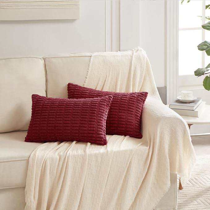 Fancy Homi 4 Packs Burgundy Decorative Throw Pillow Covers 12x20 Inch for Living Room Couch Bed, Holiday Christmas Home Decor Gift, Soft Plush Corduroy Cute Square Accent Cushion Case 30x50 cm