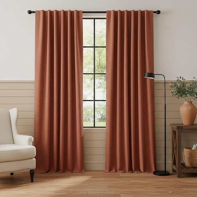 RYB HOME 100% Blackout Linen Textured Curtains 90 inches Long, Insulating Privacy Energy Saving for Bedroom Living Room Window Office Theater Dining Nursery, W 52 x L 90 in, Terracotta, 2 Panels