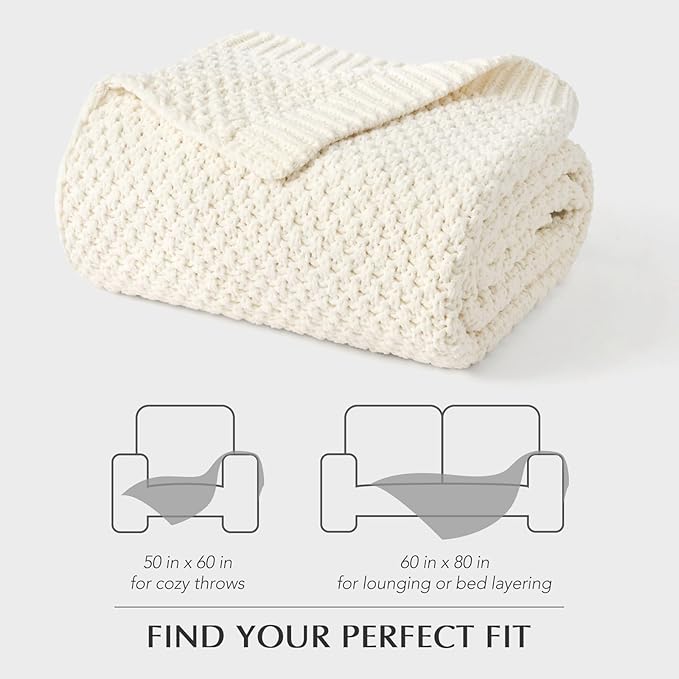 EVERGRACEHOME Chunky Chenille Knit Throw Blanket for Couch, Soft Luxurious Moss Stitch Blankets for Bed, Cozy Decorative Farmhouse Knitted Throws for Sofa, Ivory White, 50" x 60"
